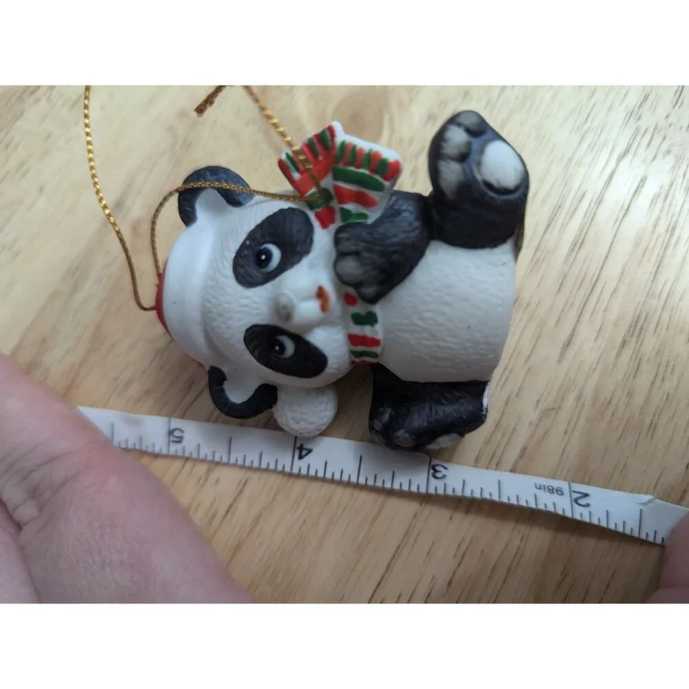 Russ ceramic Christmas Santa hat scraf Panda‎ bear hanging ornament 3 inch 80s